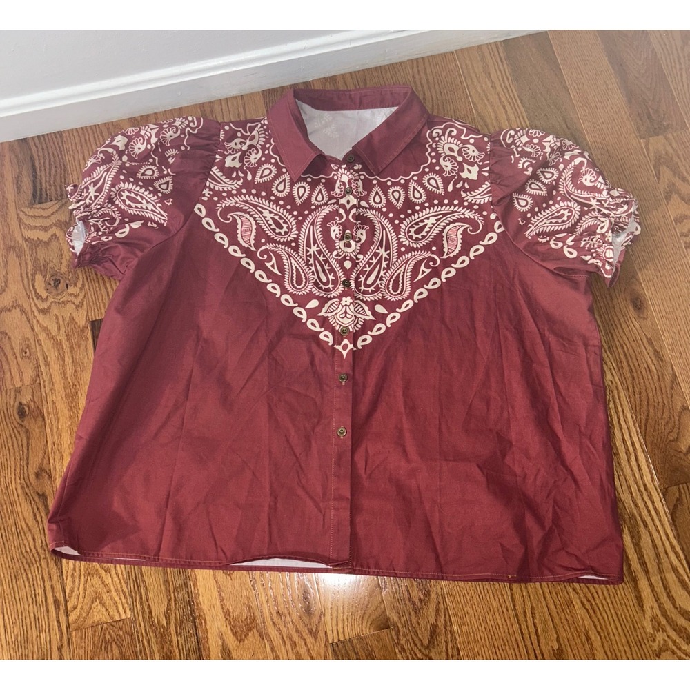 Burgundy Paisley Bandana Print Button Down Puff Sleeve Top 3XL Western Boho